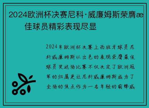 2024欧洲杯决赛尼科·威廉姆斯荣膺最佳球员精彩表现尽显