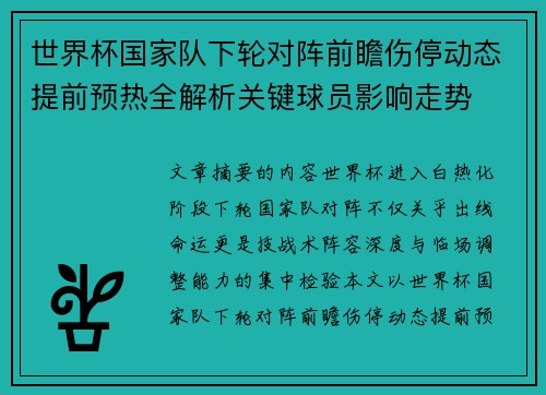 世界杯国家队下轮对阵前瞻伤停动态提前预热全解析关键球员影响走势